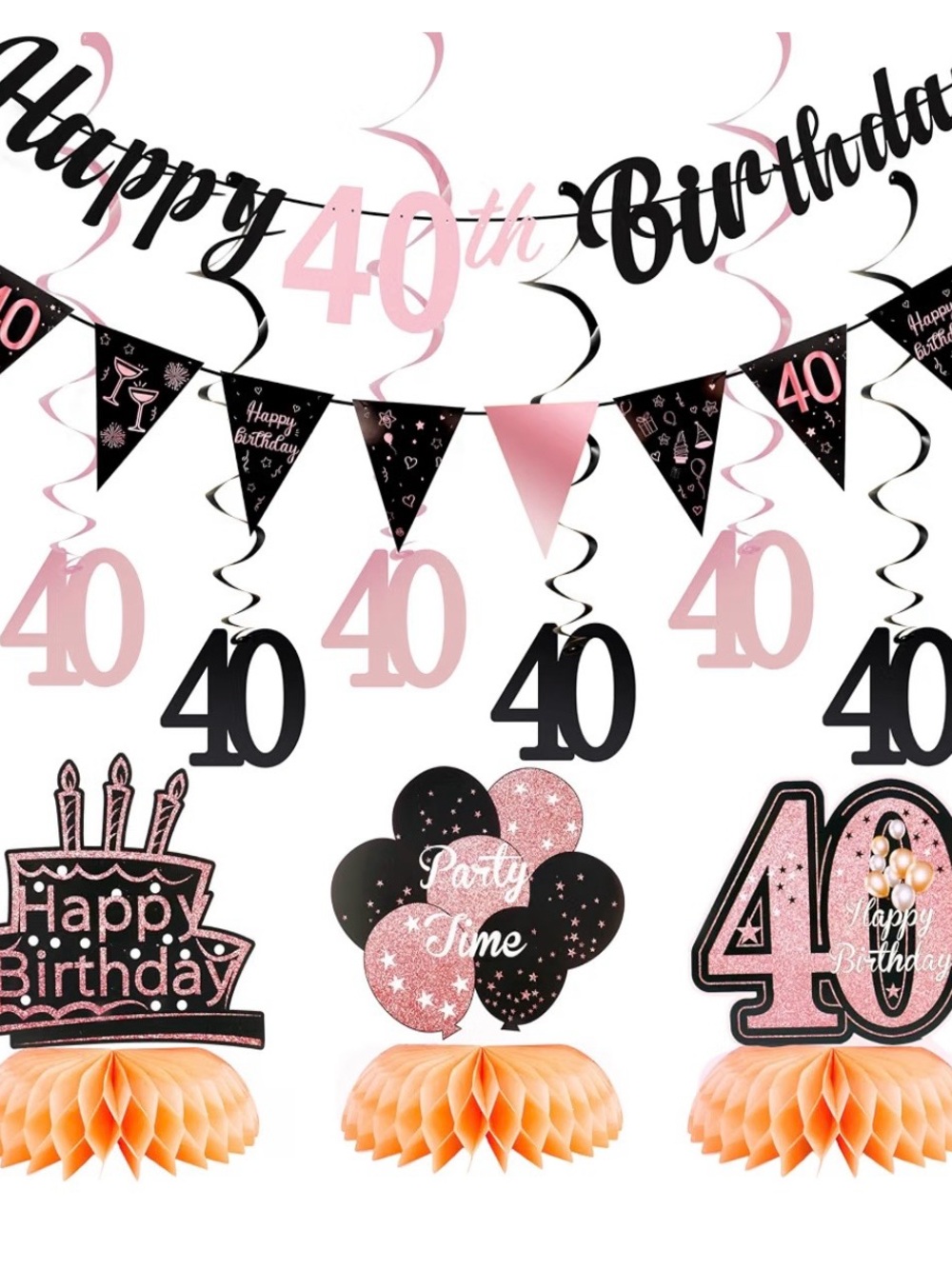 Happy 40th Birthday Party Decorations Set - Pink and Black